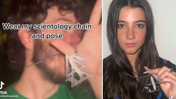 Frankie Jonas brandishing the Scientology chain, left, Charli D'Amelio posing with it, right.