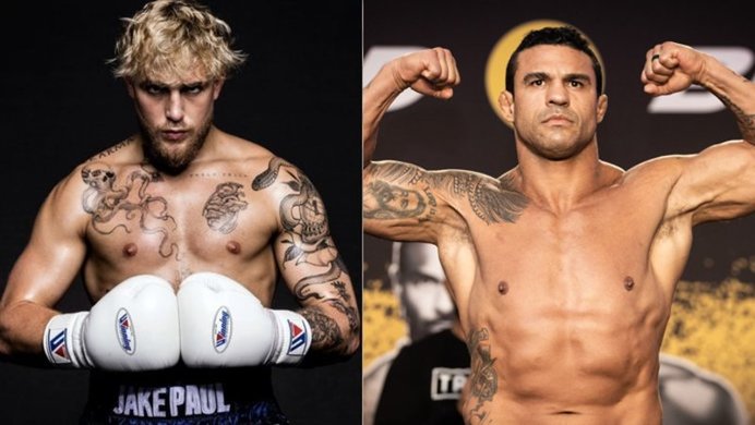 A picture of Jake Paul and Vitor Belfort side-by-side.