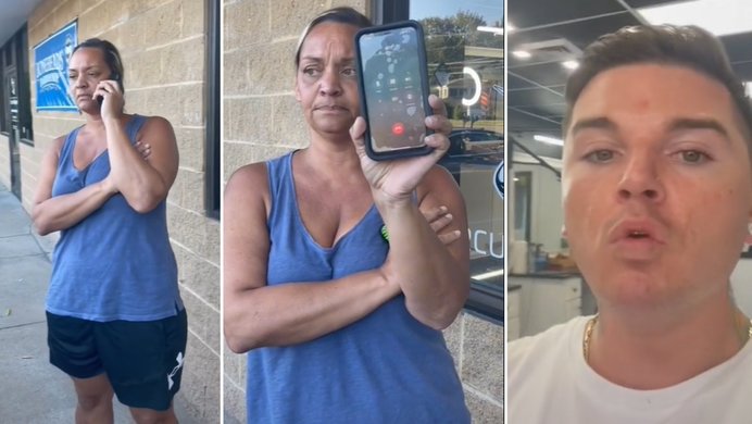 Karen calling the police, left and center, the barber, right, taken from the viral video.