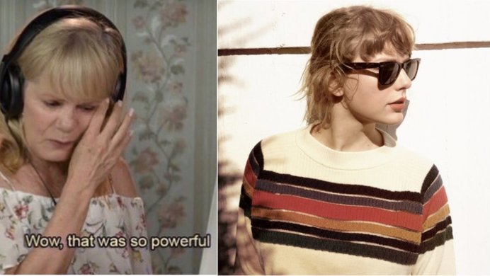 A picture of an elders react screenshot put side-by-side with the album art to Taylor Swift's new version of Wildest Dreams.