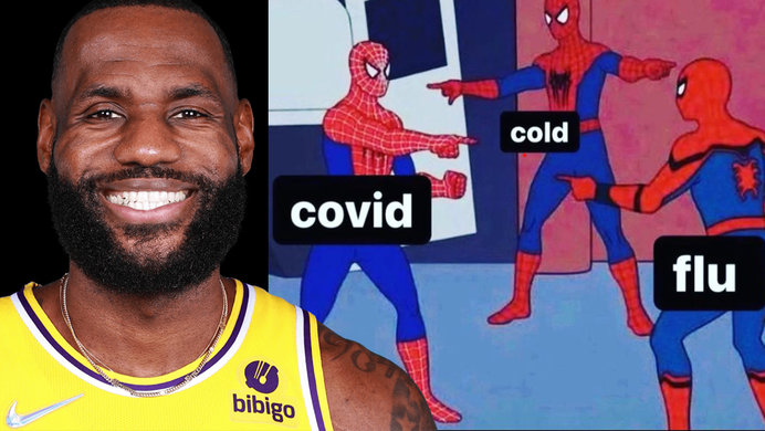 LeBron James smiling, left, the spider-man pointing at spider-man COVID-19 meme he posted, right.