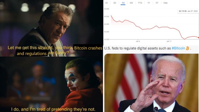 Crypto memes referencing the 2022 crash and Biden intending to regulate digital assets.