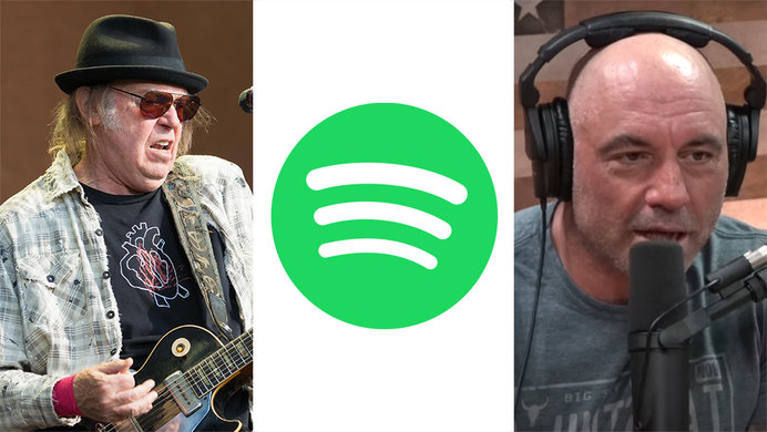 Images of neil young, spotify and joe rogan.