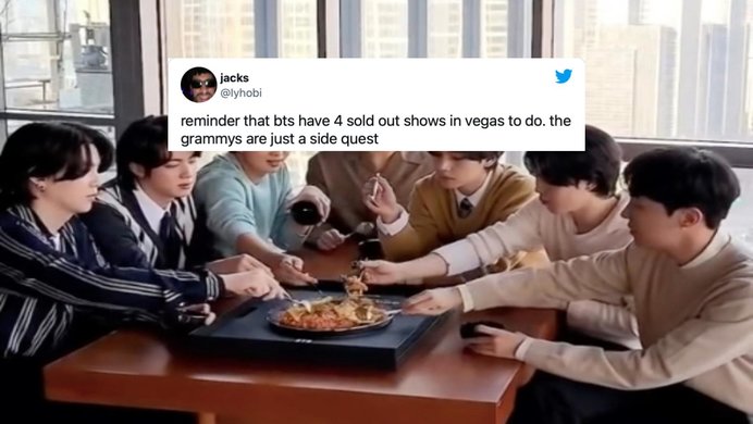 The members of BTS eat bibimbap from a plaque Spotify awarded them for a billion streams, a tweet about the group is superimposed on top of them.
