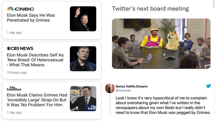The false posts describing the penetration of Elon Musk, a meme of the next Twitter board meeting, a Tweet reacting to the fake news.
