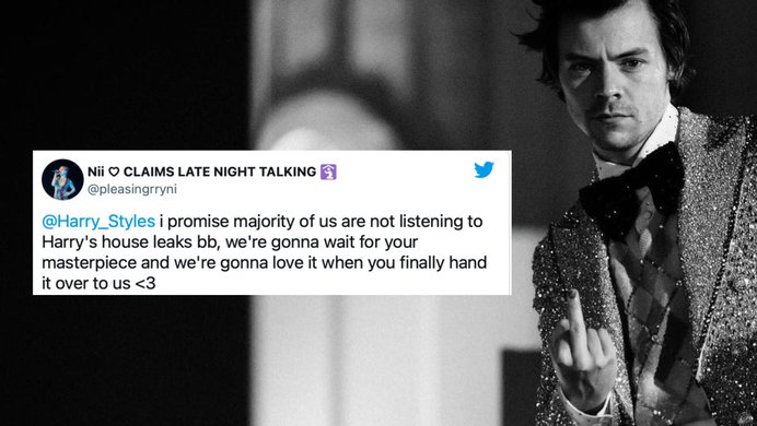 Harry Styles, captured flipping the bird, and a Tweet promising not to listen to the leaked album Harry's House.