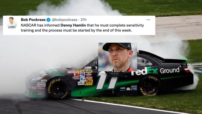 Hamlin's car, his face, and a Tweet describing the situation.