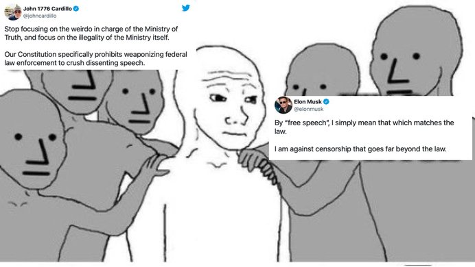 An anon being touched by hands, and Tweets discussing free speech.