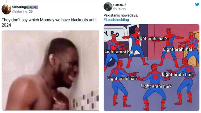 A South African meme bemoaning load-shedding, and a Pakistani meme also complaining about load-shedding.
