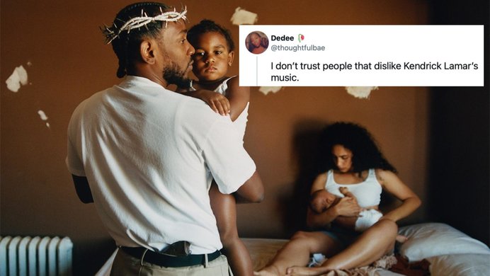 An album cover depicting Kendrick Lamar, children, and wife; and a tweet praising the rapper.