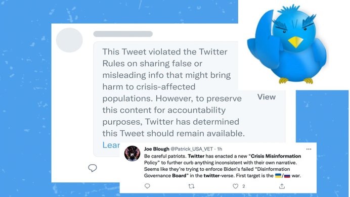 A mock-up by Twitter of what Crisis Misinformation Board labels would look like, a cartoon of the Twitter bird flipping the bird, and a tweet reacting to the news.