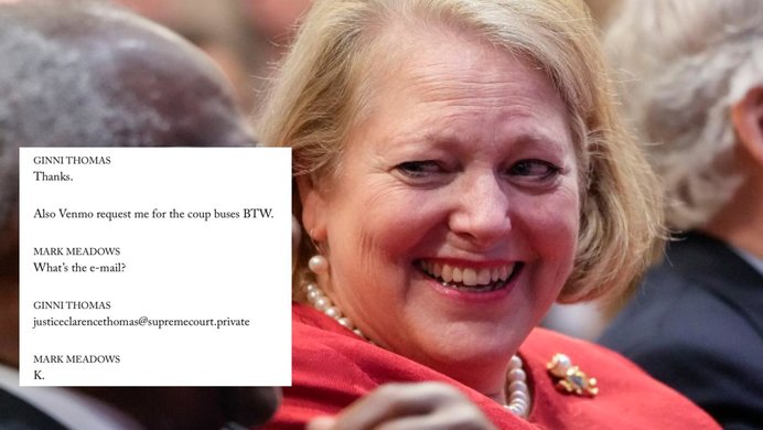 Ginni Thomas, laughing, and a screenshot of the relevant New Yorker piece shared widely online.