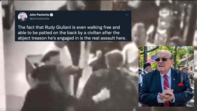 Video footage of the incident, a tweet commenting on it, and a photograph of Rudy Giuliani