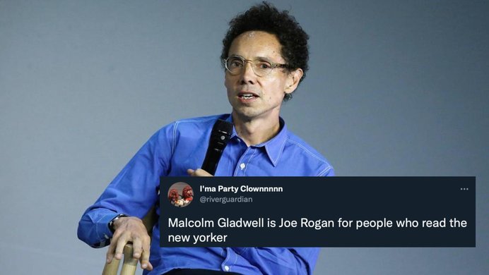 Malcolm Gladwell speaking at an event, and a tweet about him.