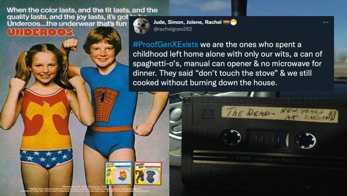An ad from the Gen X childhood, a walkman, and a tweet commenting on Gen X childrearing practices.