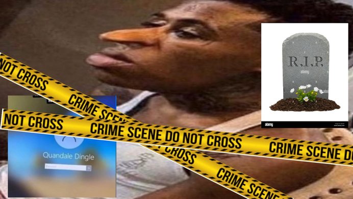 Quandale Dingle, beside a gravestone and behind crime scene tape.