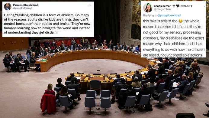 A meme of the un debating whether liking kids is ableist and two related tweets.