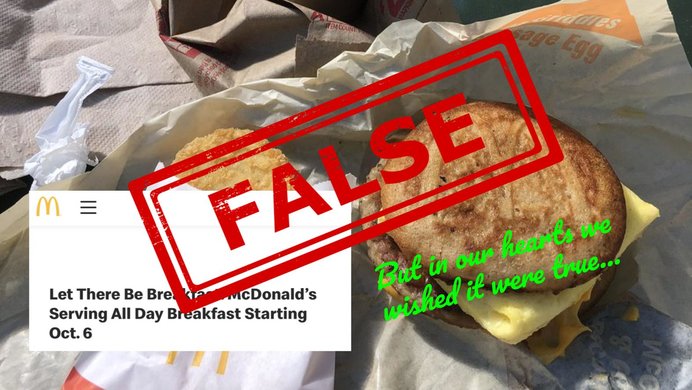 A McGriddle, a piece of the viral fake news screenshot, a false stamp and a caption. 