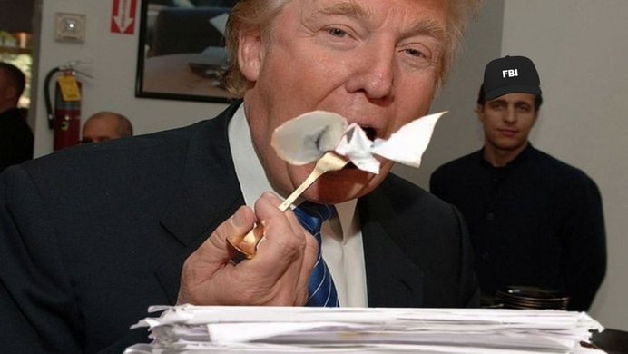 Trump eating paper, an FBI agent looking on.