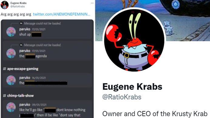 The expose tweet, left, the Krabs account pfp, right