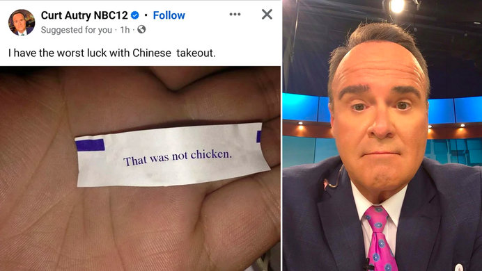 NBC12 News Anchor Curt Autry (right) and his "fortune cookie" Facebook post (left).