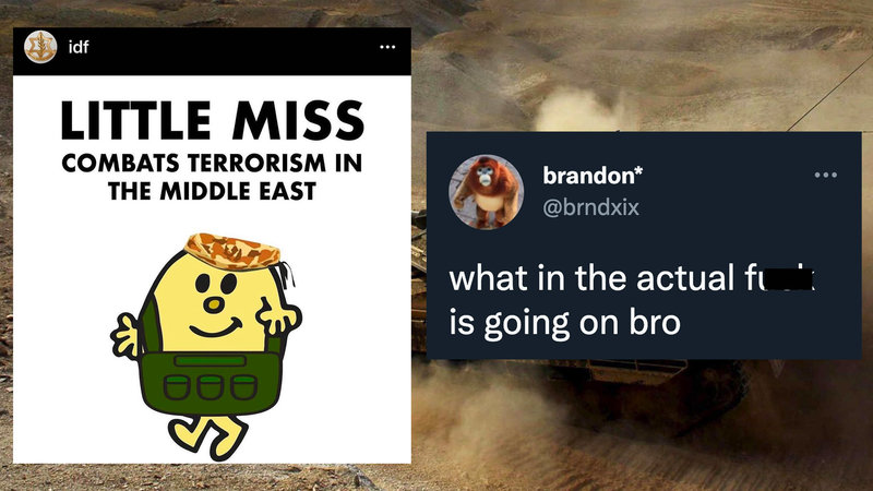 An instagram post with the idf little miss meme and a tweet reacting to the image.