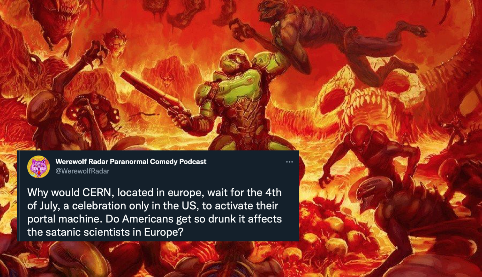 demons doing battle in a hellscape, a tweet commenting on the situation. 