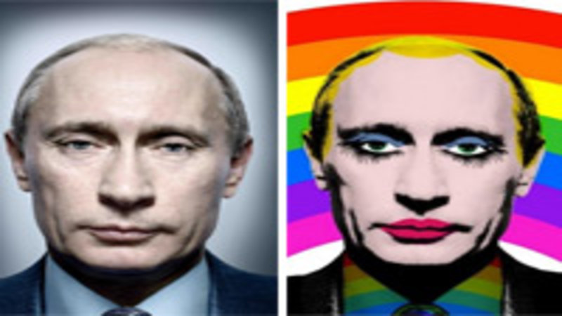 Vladamir Putin in suit and tie sitting on a panel and reading a question off what appears to be a heart shaped note