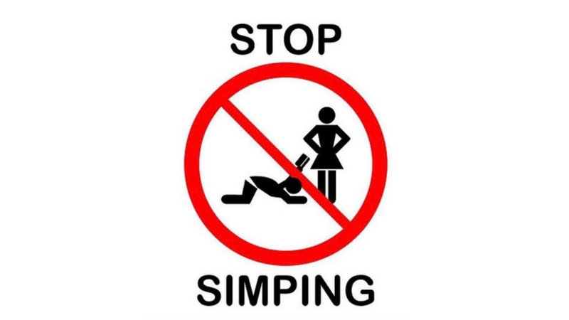 STOP SIMPING no symbol over drawing of man kneeling by a woman handing her a credit card
