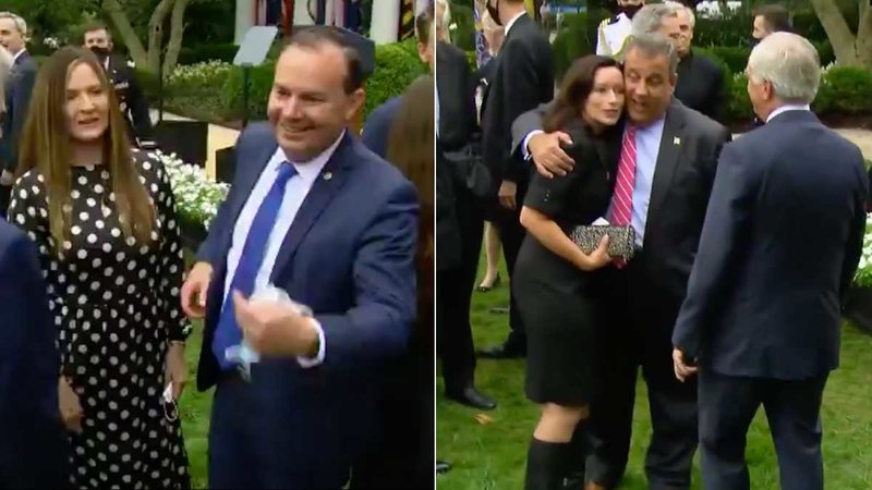 attendants at amy coney barrett's nomination ceremony hugging and not maintaining social distancing