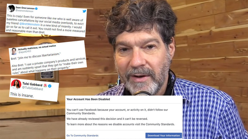 Bret Weinstein alongside the message that he had been banned from Facebook