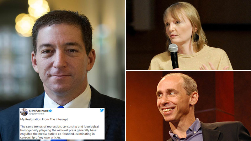Journalist Glenn Greenwald formerly of the Intercept next to two of the publication's editors he disputed with.