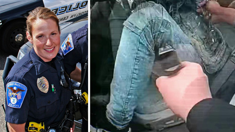 An image of Kim Potter, the officer who shot Daunte Wright, left, and the bodycam footage of the shooting, right.