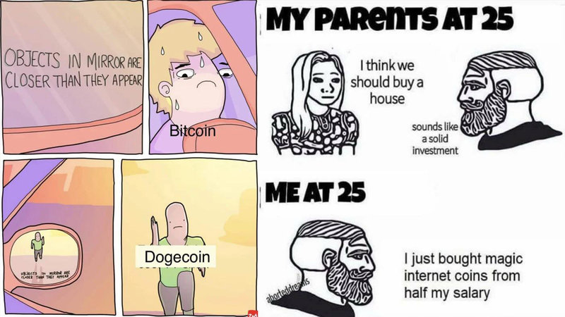 Two Dogecoin memes from the following collection.