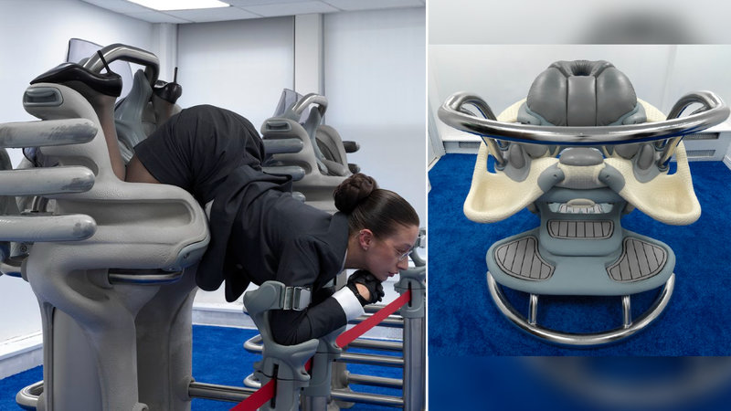 Continental Breakfast Chair meme and art installation depicting a woman in a downward facing position.