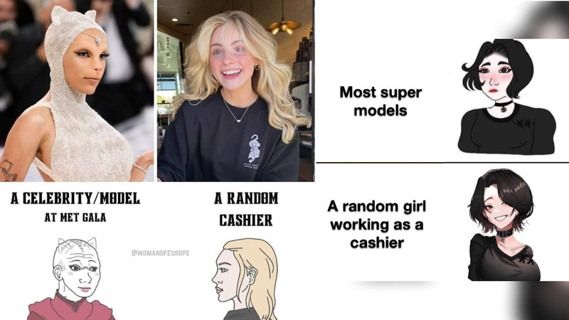 Model vs Cashier meme example depicting a comparison between a celebrity and a woman labeled "a random cashier."