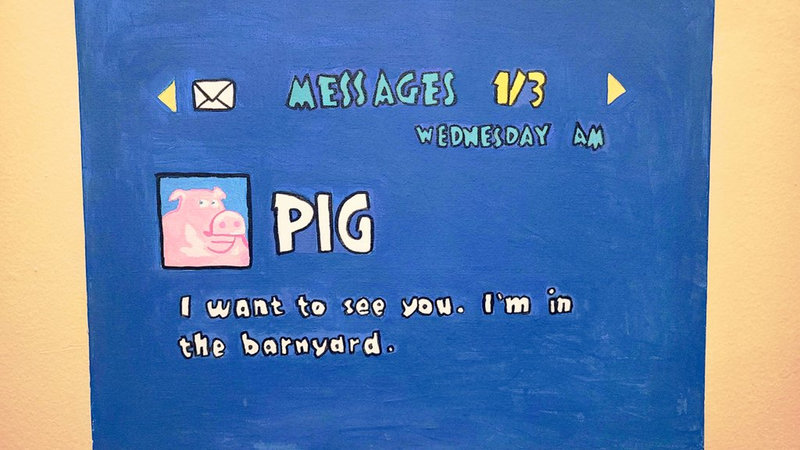 painting of a pig texting "i want to see you. i'm in the barnyard"