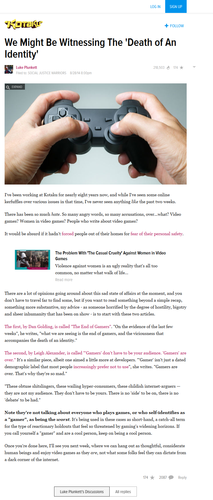 Kotaku's "Death Of Gamers" Article By Luke Plunkett | GamerGate | Know Your  Meme