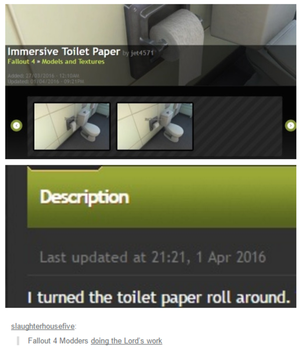 Fallout 4 Modders doing the Lord’s work The Great Toilet Paper Debate