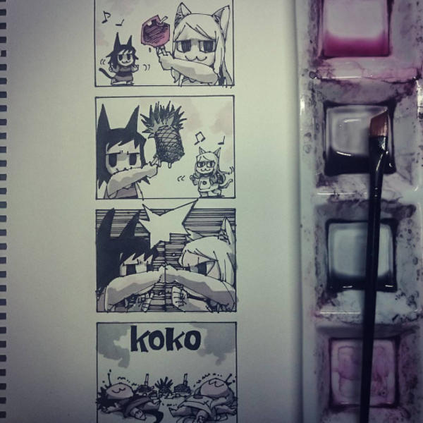 Tiny catgirls with apples and pineapples on pens "Pen Pineapple Apple