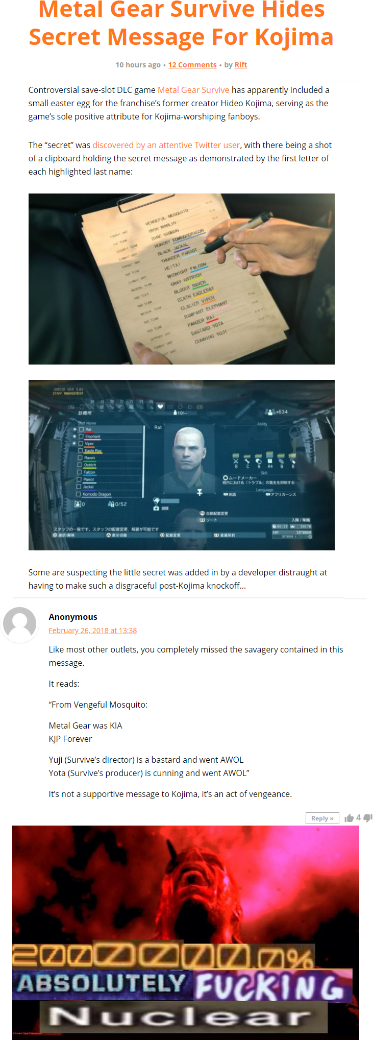 This Just In Mg Survive S Developers Gone Fucking Nuclear At Their Own Game Konami Never Saw It And Sold A Game With A Message Flipping Them Off Just Beautiful Metal Gear