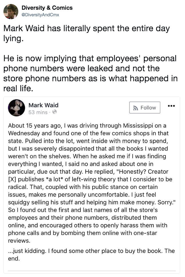 Mark Waid has literally spent the entire day lying. He is now implying ...