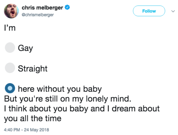 Here Without You Baby I M Straight I M Gay Survey Know Your Meme baby i m straight i m gay survey