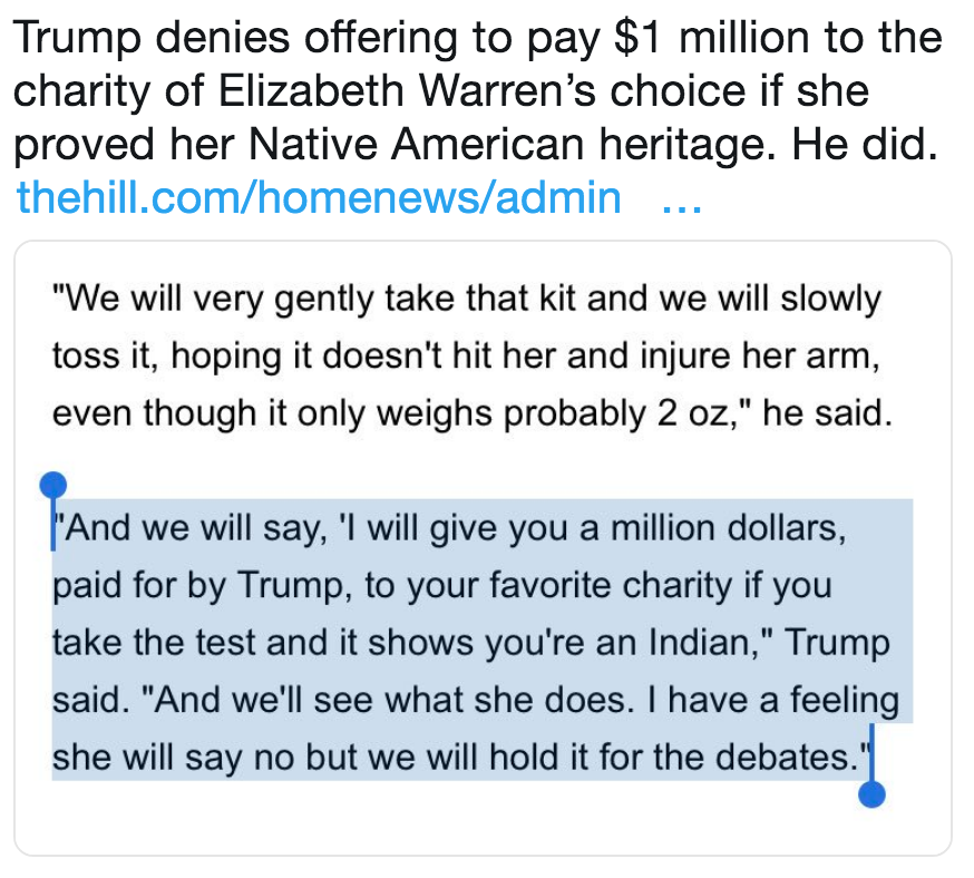 Trump denies offering to pay $1 million to the charity of Elizabeth