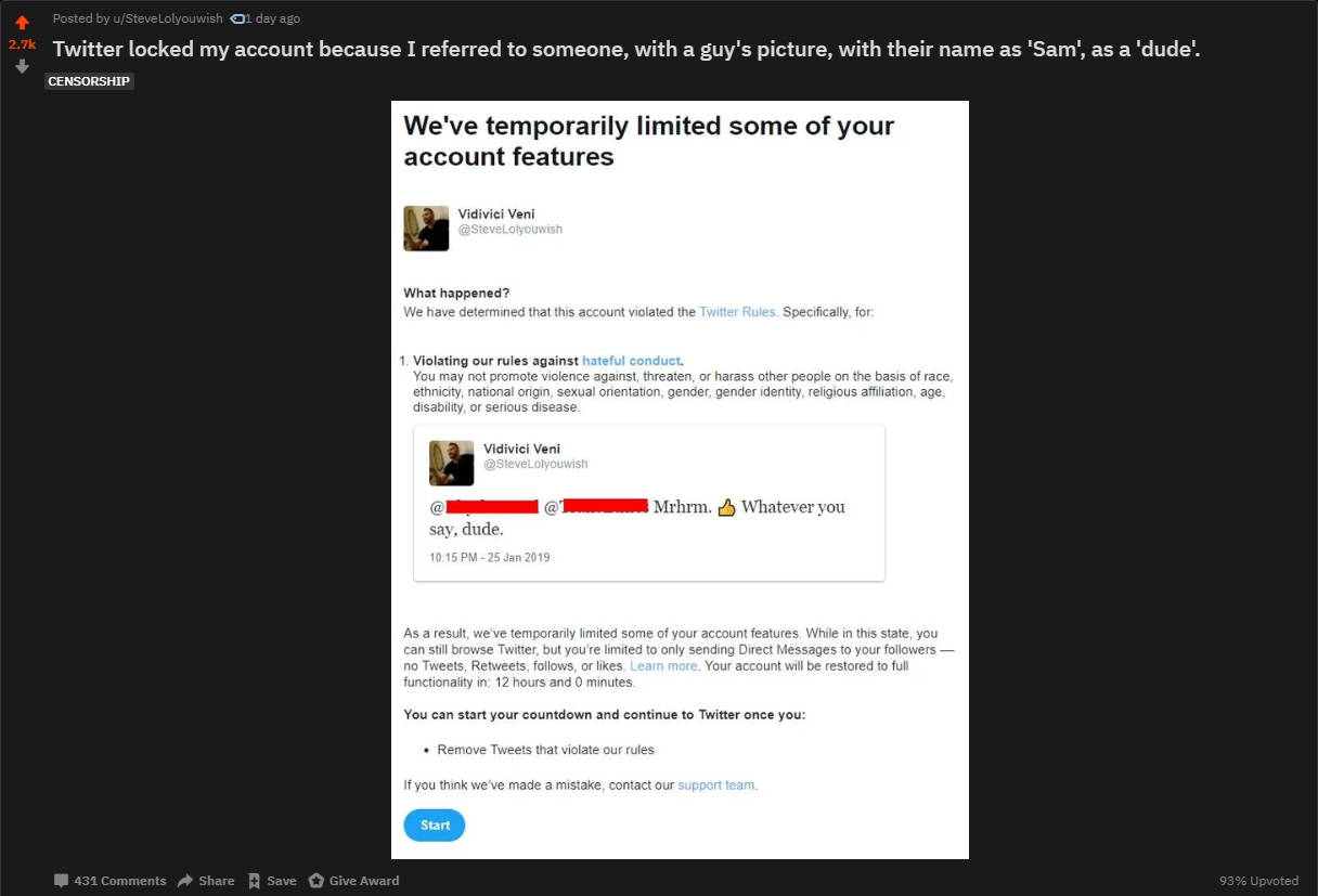 Twitter Locked My Account Because I Referred To Someone With A Guy S Picture With Their Name As Sam As A Dude Twitter Know Your Meme