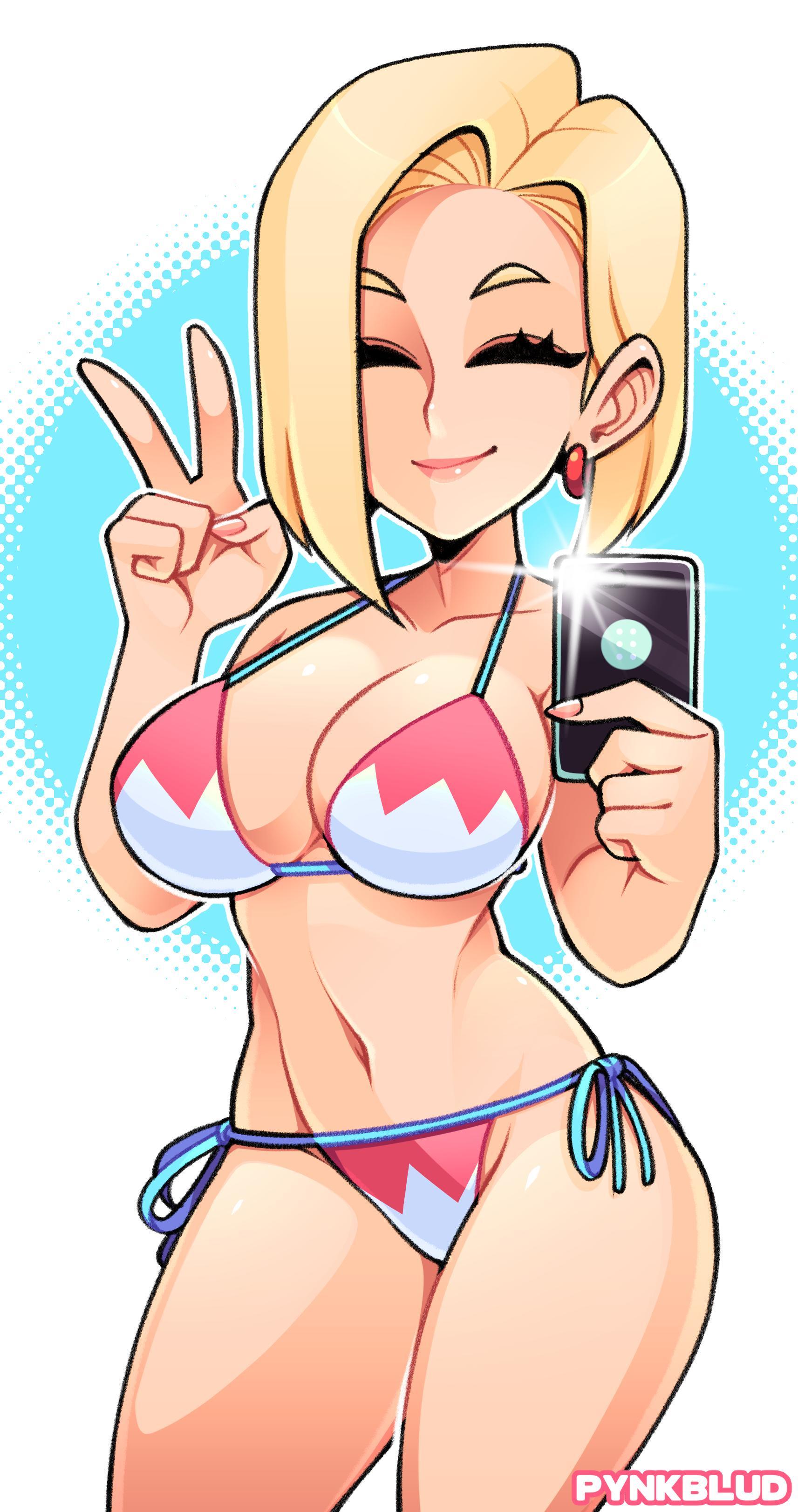 ...dragon ball z, android 18, happy, smile, bikini, pynkblud. 