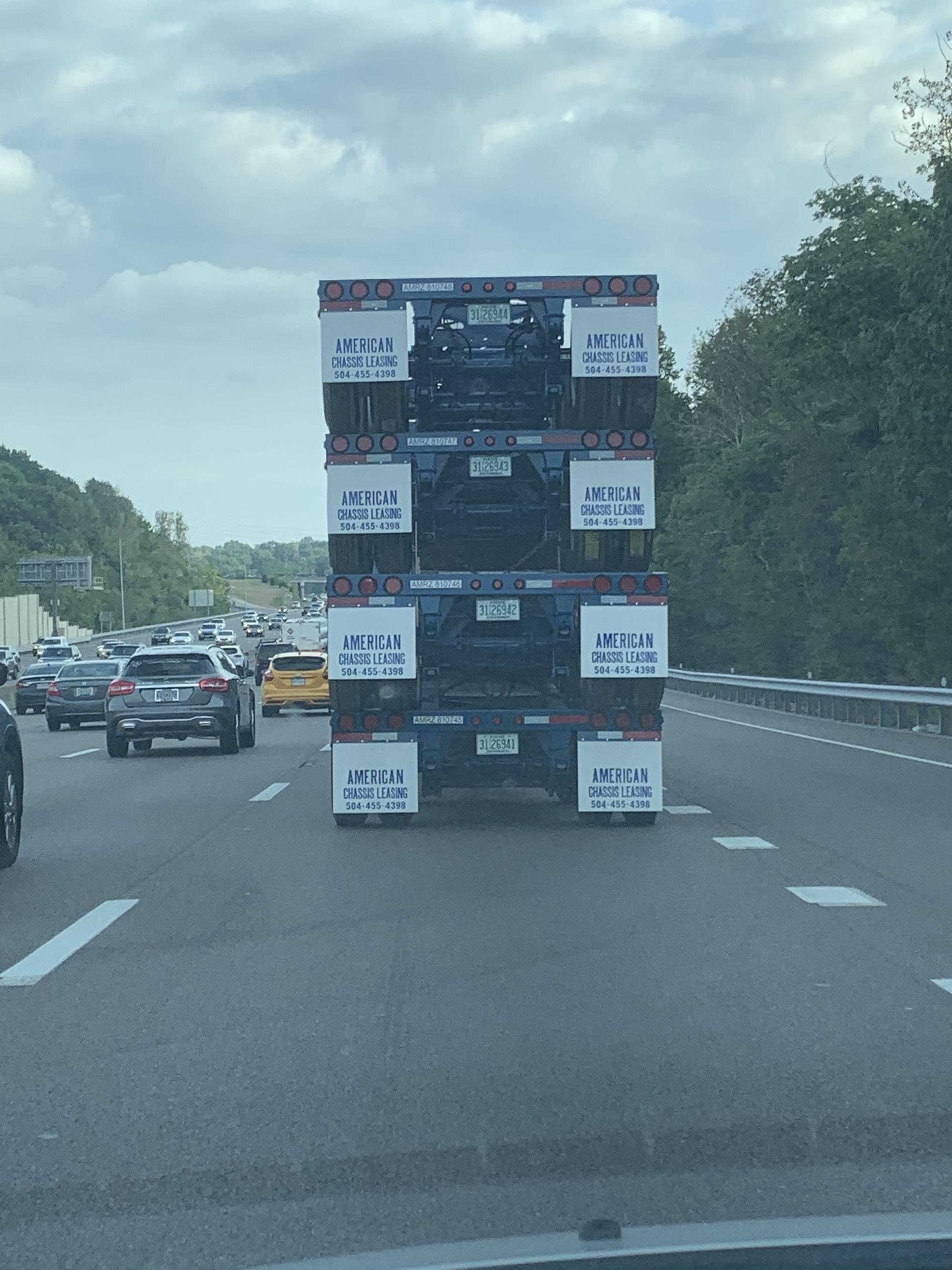 The truck in front of me was towing four trailers. All of which had