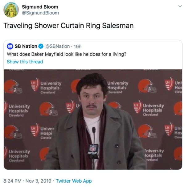 Shower Curtain Salesman Baker Mayfield's Mustache Know Your Meme