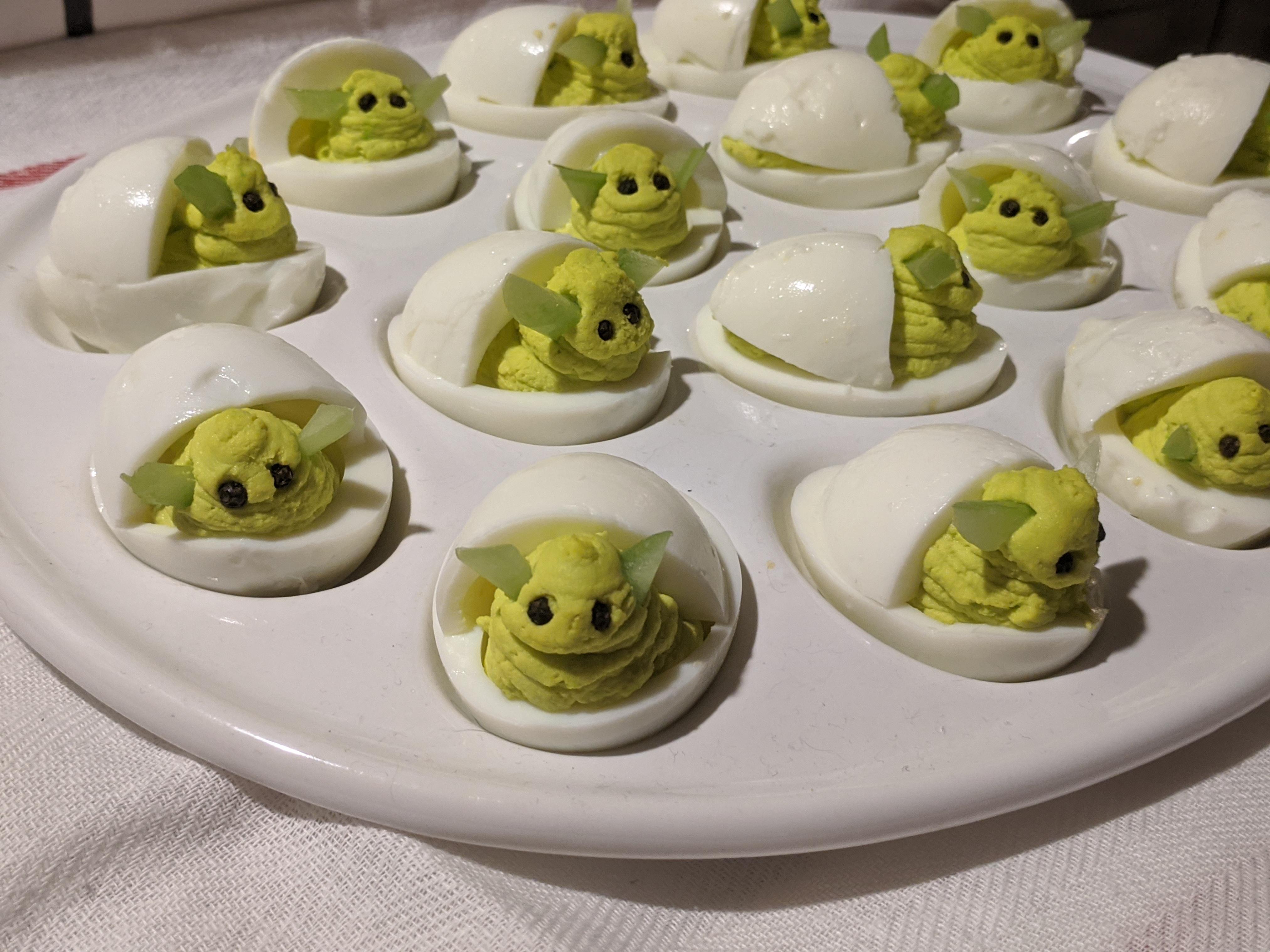 I tried these after someone sent me a picture of baby Yoda deviled eggs