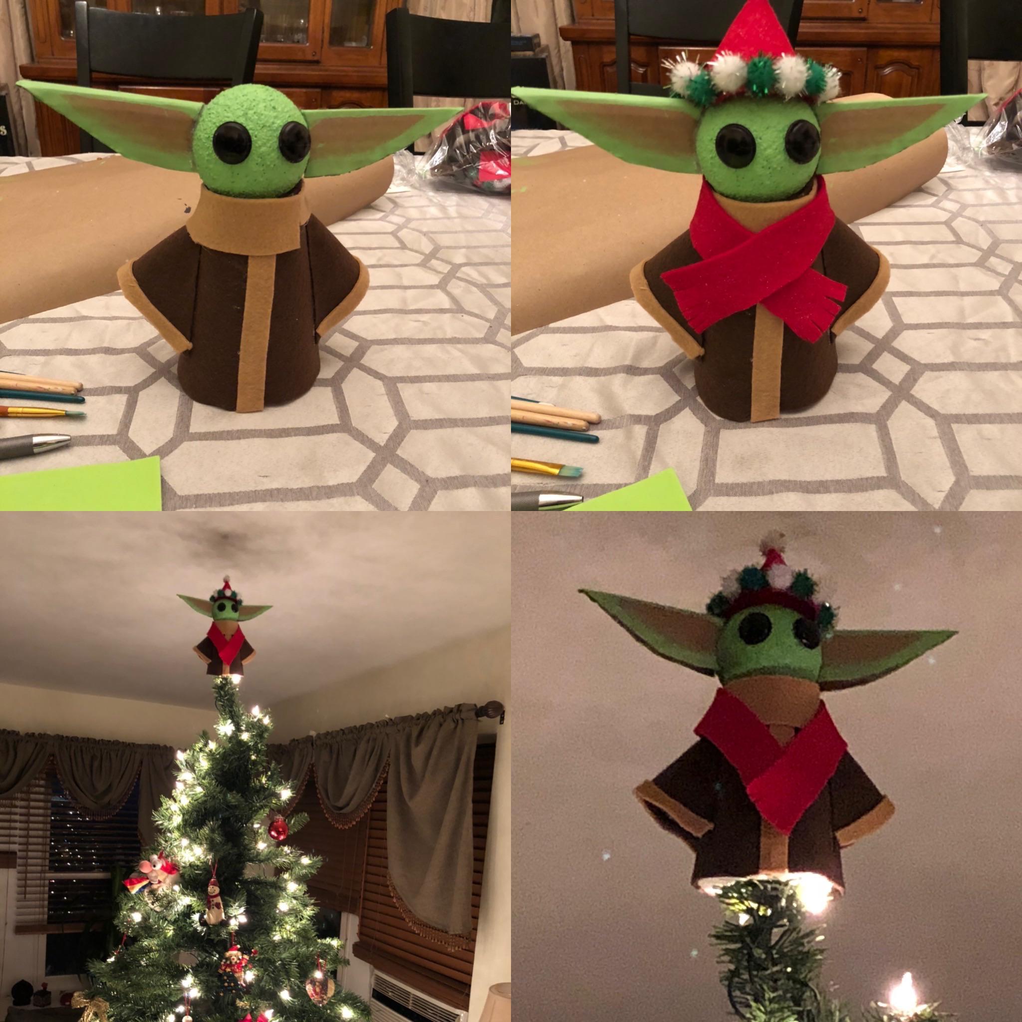 A little late but here’s the baby yoda tree topper I made /r/BabyYoda